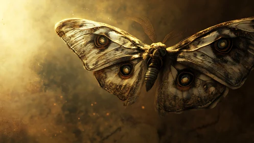 Large patterned moth in warm backlit atmospheric space.