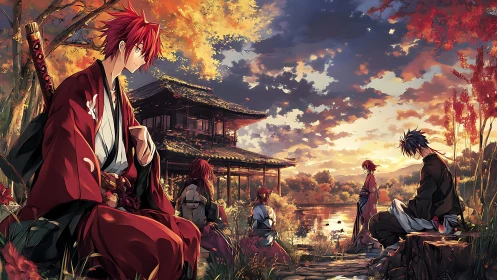 Samurai characters sit by a lakeside temple at sunset