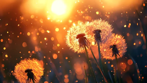 Dandelion seed heads glowing in warm sunset backlight.