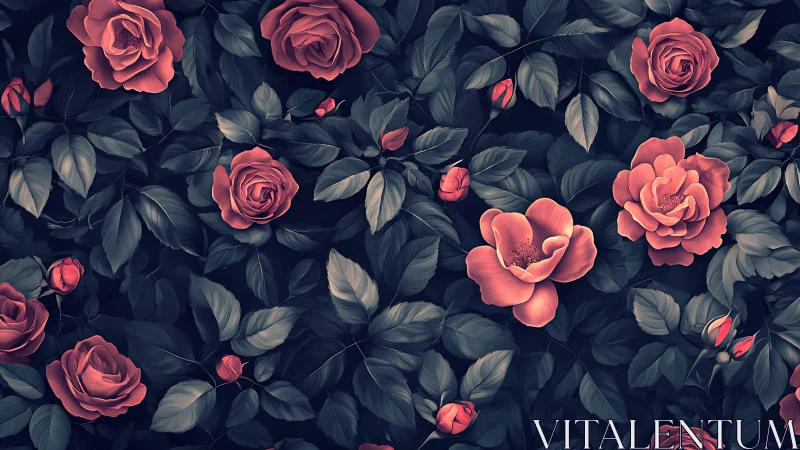 Midnight garden of coral roses whispering in velvet hush.