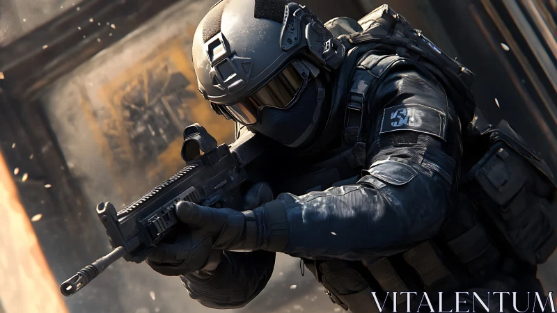 Tactical operator advances with compact rifle in urban corridor