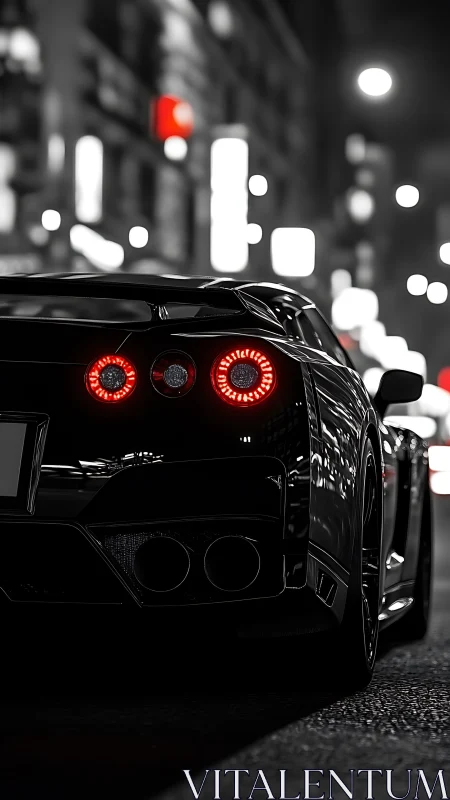 Midnight supercar stalks neon streets in monochrome prowl.