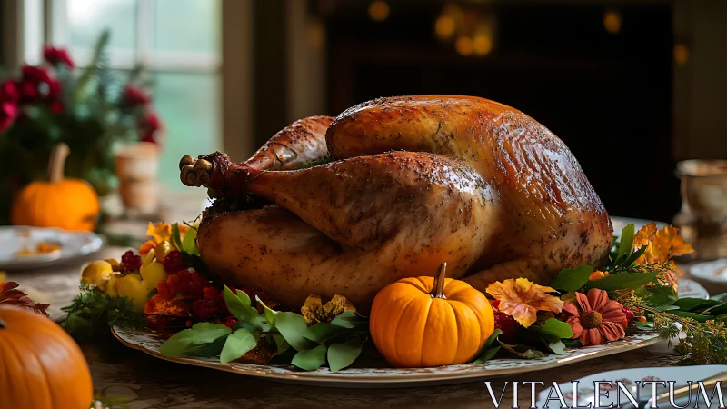 Roasted whole turkey displayed on garnished serving platter
