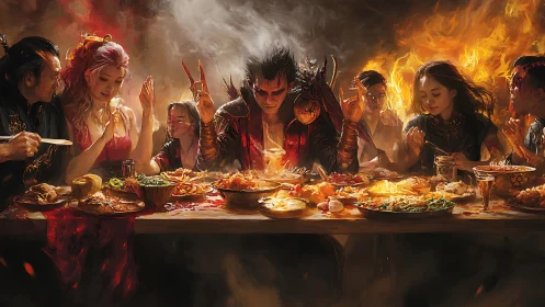 Demonic feast unfolds in fiery hall of temptation and excess