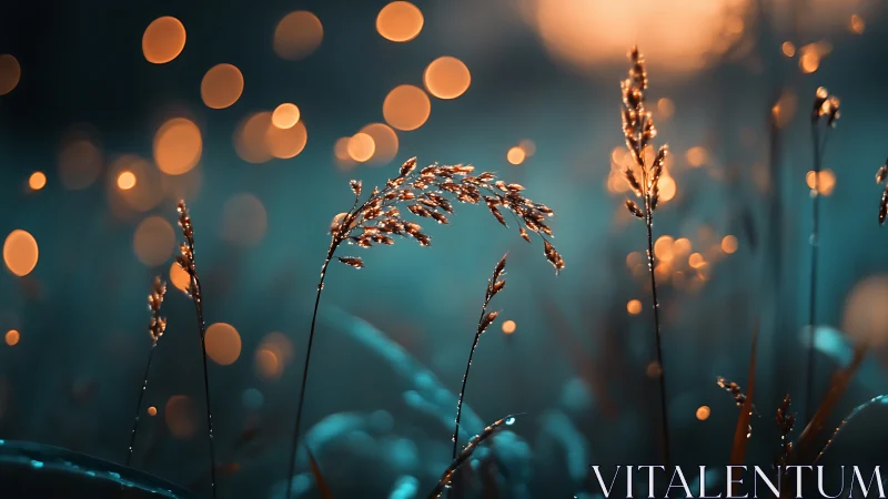 Dew covered grass blades against soft sunset bokeh glow.
