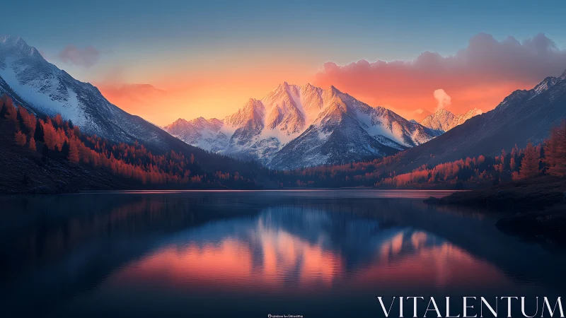 Sunlit alpine peaks glow above a still reflective lake at dusk