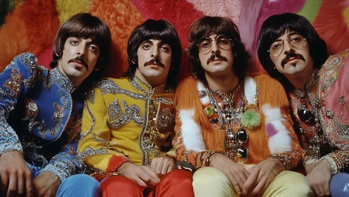 Colorful retro band in sparkling psychedelic costumes.