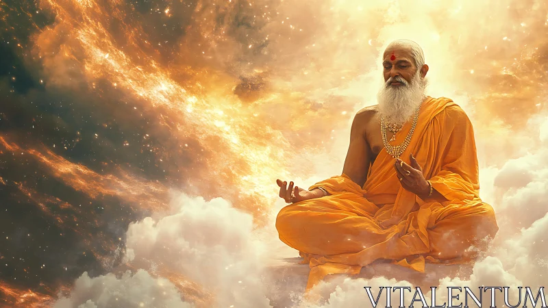 Digital painting of meditative guru amid celestial clouds.