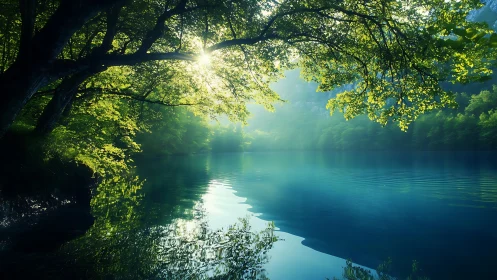 Sunlit forest lake shows calm water under overhanging trees