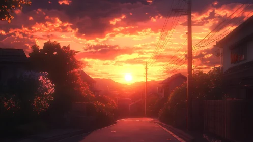 Anime suburban street at sunset rendered with warm cinematic lighting