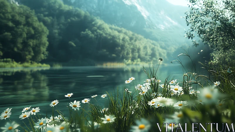 Daisies gossip by a glassy mountain river in soft morning hush.