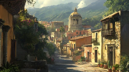 Sunlit colonial hillside street with domed cathedral and layered depth