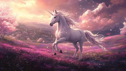 White unicorn in pink flower meadow at glowing sunset.
