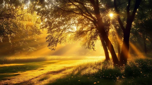 Golden sunlight streaming through tranquil forest at sunrise.