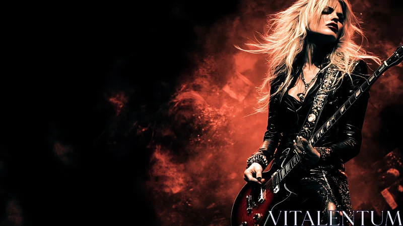 Flame-lit rock goddess shredding guitar in a storm of sound.