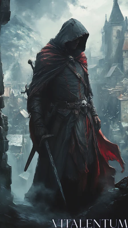 Hooded wanderer stands watch over a misty medieval city.