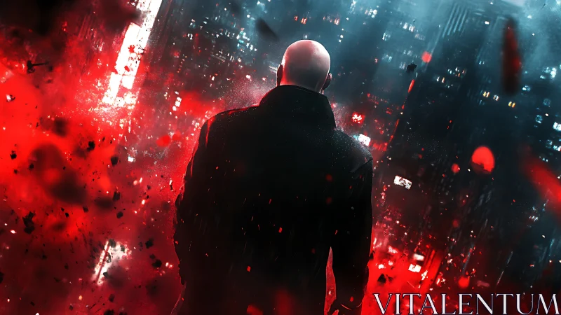 Bald figure overlooks neon city amid red explosive haze