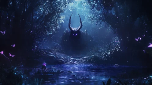 Midnight horned warden waits where violet fireflies bloom