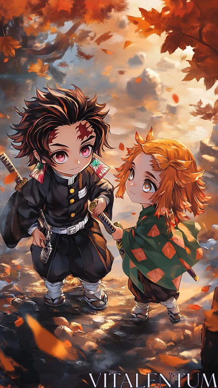 Autumn stroll unites two chibi swordsmen in warm light