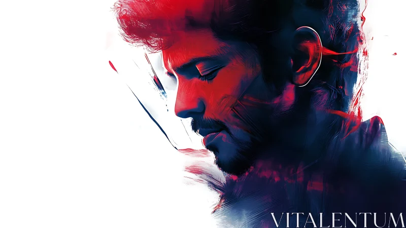 Contemplative male profile in vivid red and blue strokes.