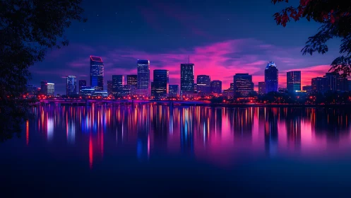 Neon skyline hush over mirror-still midnight river glow.