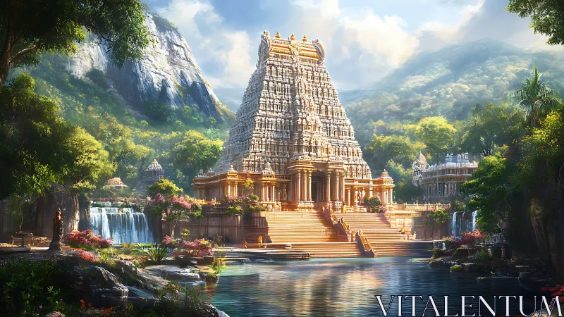 Stone temple complex set amid waterfalls and green hills.