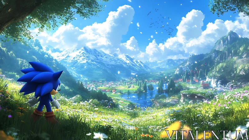 Blue hedgehog overlooking alpine valley village and lake
