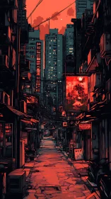 Neon lit urban alley under red twilight sky at dusk.