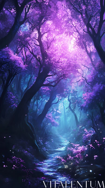 Forest landscape with bioluminescent foliage and stream.