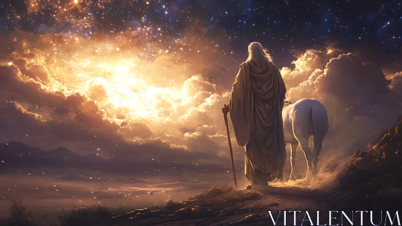 Elderly robed wanderer with white horse under blazing sky.