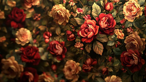 Floral textile pattern with red and cream roses