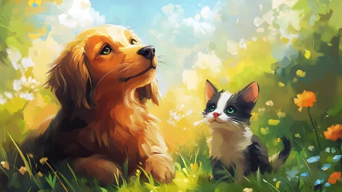 Golden Retriever and Black-White Kitten in Sunlit Meadow with Atmospheric Rendering