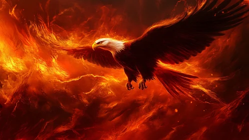Majestic Bald Eagle Soaring Through Fiery Skies in Digital Art.