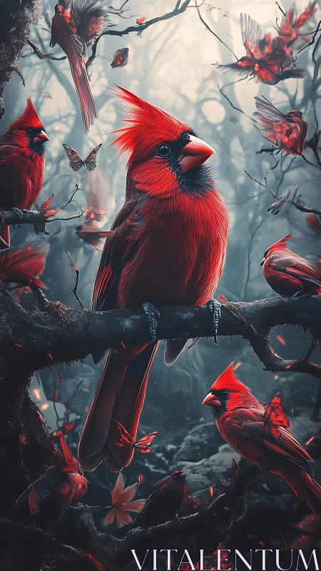 High-contrast digital cardinals perch in misty desaturated forest