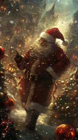 Cinematic Santa in luminous snowfall within dense cityscape.