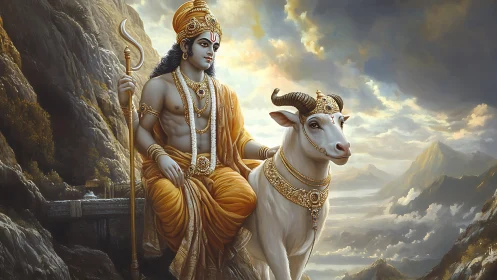 Deity figure with cow companion in mountainous landscape.