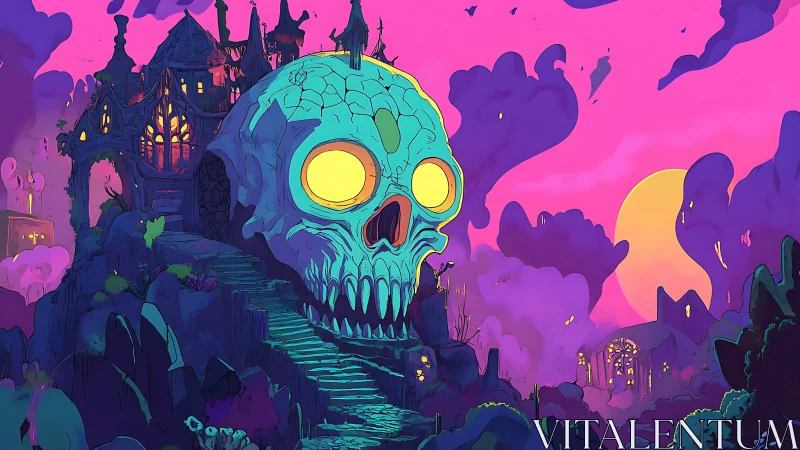 Neon skull citadel rising over spectral twilight cliffs.