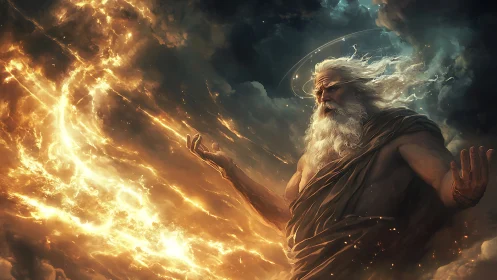 Mythic storm god channels luminous plasma through turbulent sky