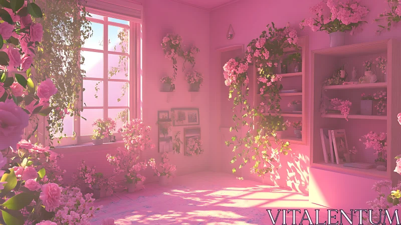 Sunlit monochrome pink studio filled with cascading florals.