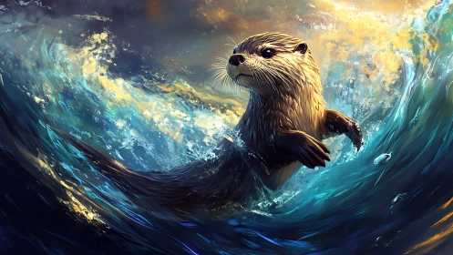 Surf-sorcerer otter rides a painted stormwave horizon.
