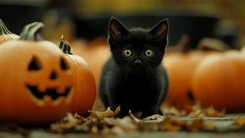 Curious Black Kitten Meets Spooky Halloween Pumpkins.