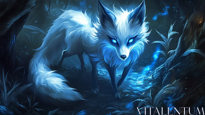 Moonlit spirit fox prowls through a bioluminescent forest.
