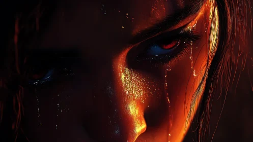 Sweat‑coated face in high‑contrast rim lighting with fiery eyes