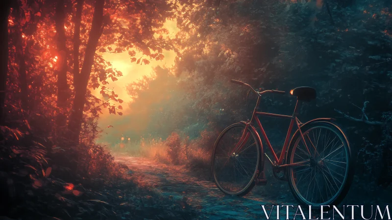 Red Bicycle in Luminous Forest Path with Golden Sunlight Through Dense Canopy