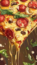 Cheesy pepperoni slice with greens in bold digital art.