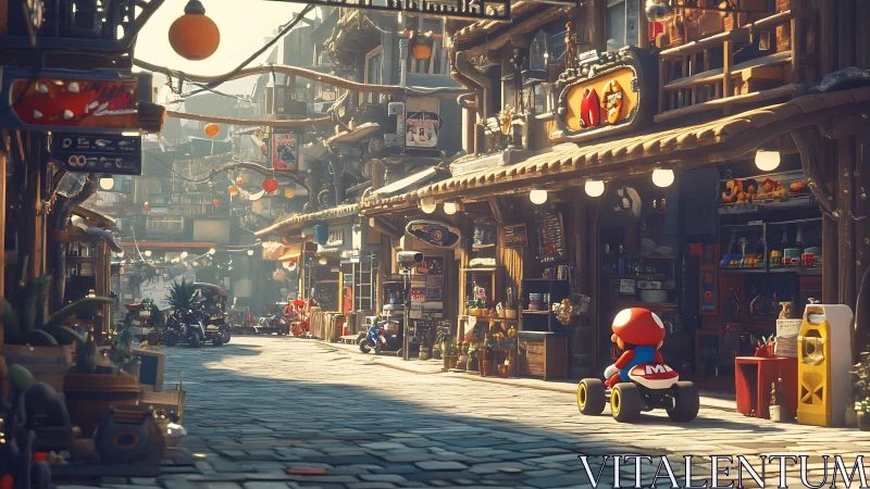 Mario kart racer navigates sunlit neo-urban market alley