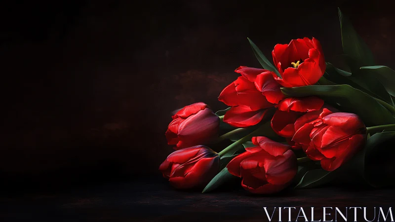 Red Tulips Arranged Under Directional Illumination Against Dark Surface.