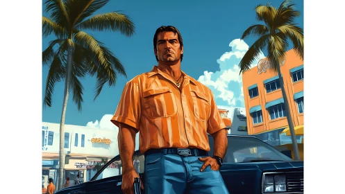 Sunlit crime figure stands before car in neon-soaked Miami boulevard