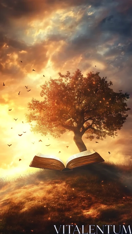 Ancient book conjures a glowing tree beneath fiery skies.