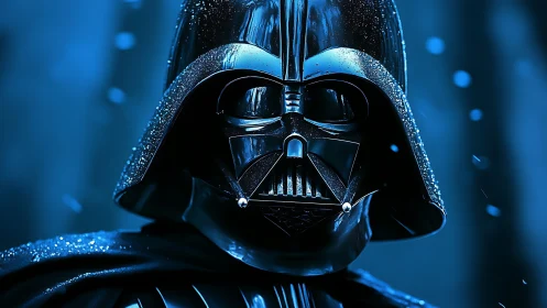 Black armored sci-fi character in blue atmospheric light.